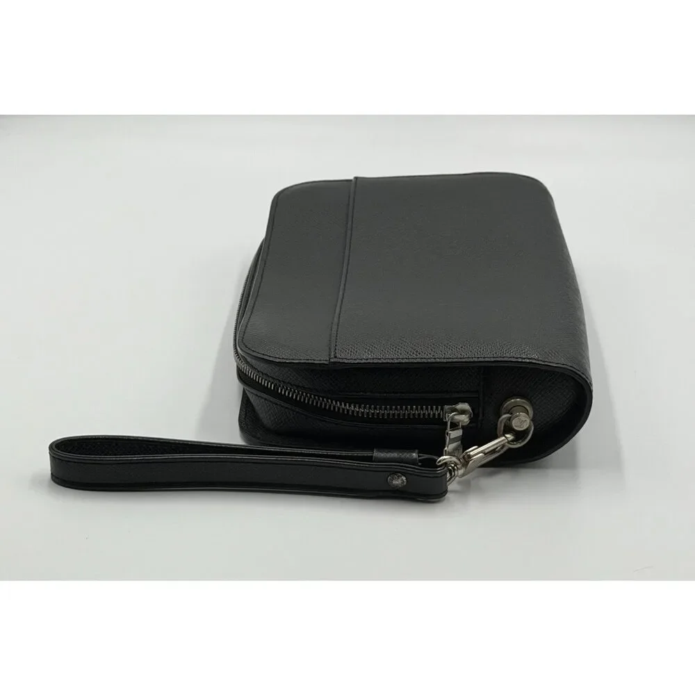Authentic Louis Vuitton Taiga Baikal Clutch Bag Women Black Logo Genuine Leather